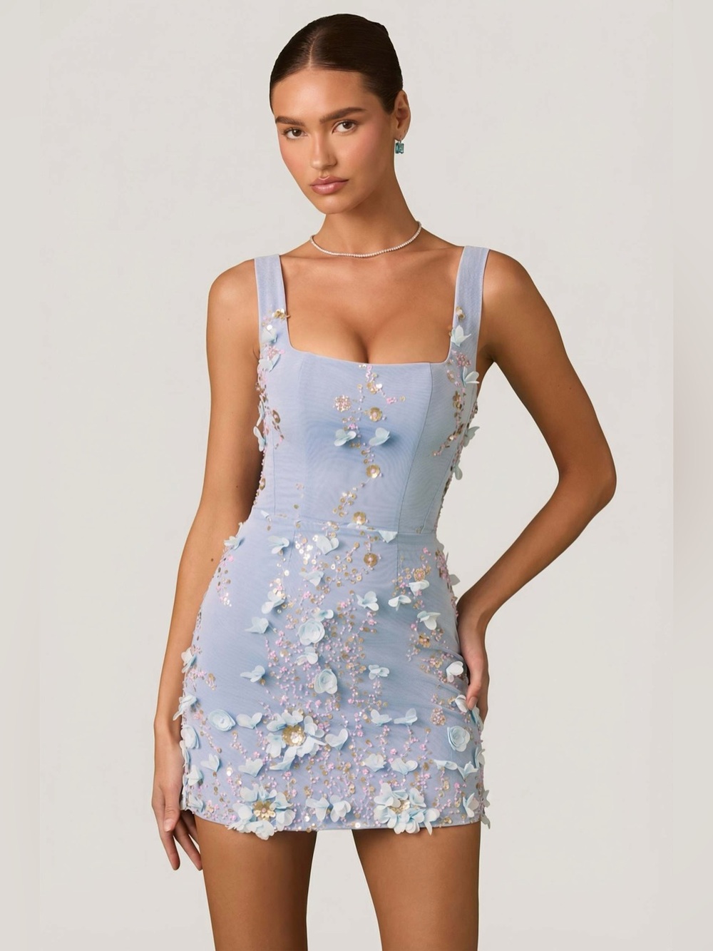 Oh Polly Powder Blue Floral Appliqué Square-Neck Mini Dress